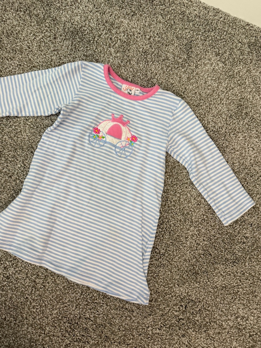 Luigi Girls Blue & White Stripe Dress with Pink Trim + Carriage Applique Size 3T